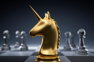 Golden chess piece unicorn with silver pawns on chessboard © peterschreiber.media