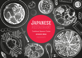 Japanese food menu restaurant. Asian food poster. Top view frame vector illustration. Japanese food engraved design template.