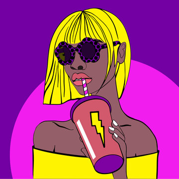 Pop art image of sexy blonde girl with cocktail