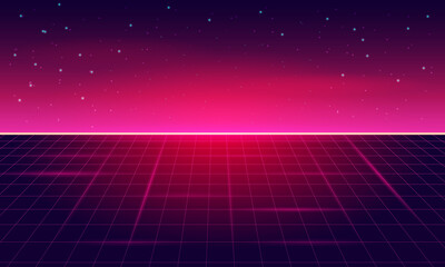 Retro Sci-Fi Background Futuristic Grid landscape , 90's . Horizontal matrix grid in space with stars in the background.