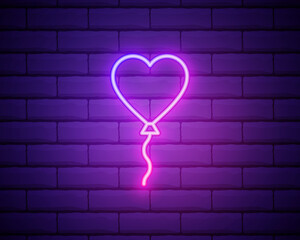 Glowing neon line Balloon in form of heart with ribbon icon isolated on dark brick wall background. Valentines day. Vector