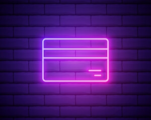 Glowing neon line Credit card icon isolated on dark brick wall background. Online payment. Cash withdrawal. Financial operations. Shopping sign. Vector Illustration