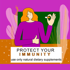 Cute girl advertises natural dietary supplements for protection of immunity