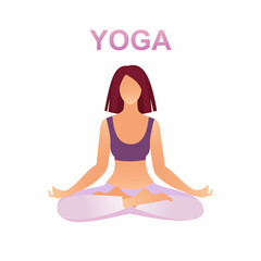 Young woman sitting in yoga lotus pose isolation on the white background. Meditating girl illustration. Yoga woman, meditation, anti-stress people.