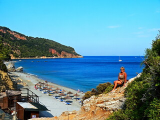 Greece-view of the Glifoneri beach near town Skopelos on Skopelos Island - obrazy, fototapety, plakaty
