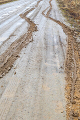 traces of a passing car on a dirty dirt road. bad road