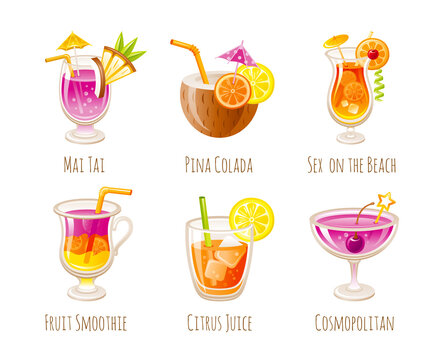 Cocktail vector drink set. Glass illustration with summer alcohol bar menu. Isolated Mai Tai, Pina Colada, Sex on beach, Smoothie, Orange Juice, Cosmopolitan. Tropic beverage watercolor party icons