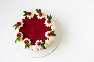 Raspberry cheese cake, fruit cake, raspberry pie, raspberry tart, red cake, white wooden board. Recipe menu template with copy space