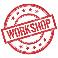 WORKSHOP text written on red vintage stamp.