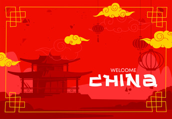 vector illustration of the classic appearance of a Chinese building with national decorative elements of culture, greeting card welcome to China
