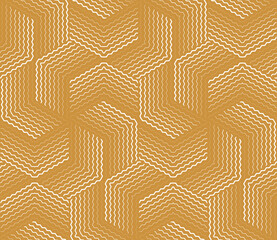 The geometric pattern with wavy lines. Seamless vector background. White and gold texture. Simple lattice graphic design