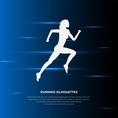 Fototapeta na wymiar Silhouette of running woman background. Running silhouette background with neon glow lights and flash.