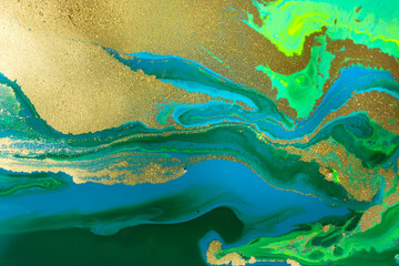 Fototapeta na wymiar Gold waves on flow vivid paints background. Abstract print