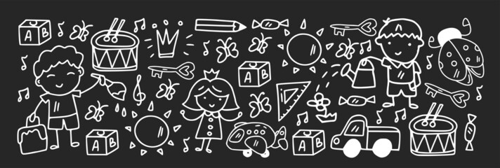 Creativity and imagination. Vector icons with school items.