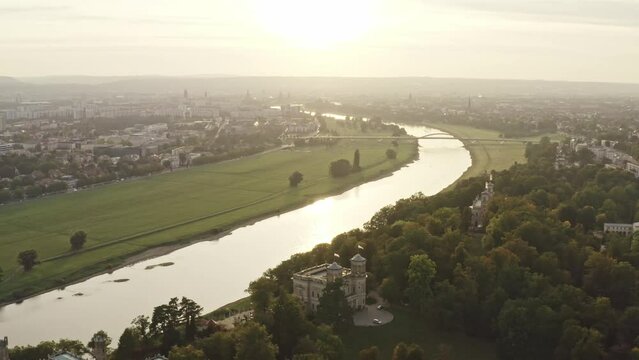 Aerialview over sunny Dresden and the river Elbe with the castles Elbschlösser, Albrechtsberg, Lingnerschloss, Schloss Eckberg.