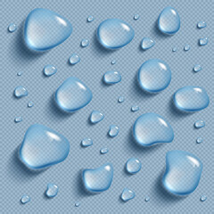 Drops of water on a transparent background. Vector realistic image