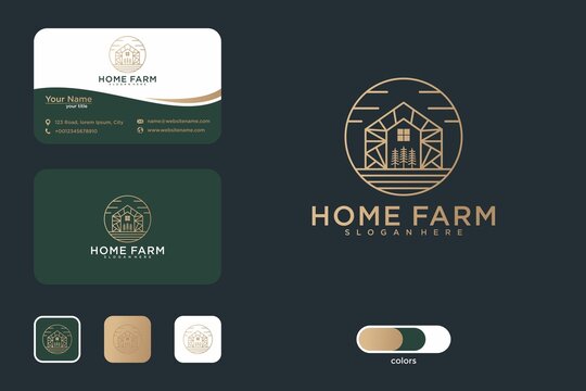 Farmhouse with line art logo design and business card 