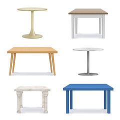 Obraz premium Vector table set. Empty wooden, plastic, stone tables. Template for object presentation. Vector realistic illustration
