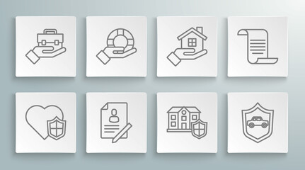 Set line Life insurance with shield, Lifebuoy hand, Document, House, Car, and Hand holding briefcase icon. Vector