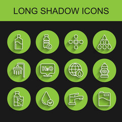 Set line Bottle of water with glass, Water drop, Big bottle clean, tap, Chemical formula for H2O, Fire hydrant and Earth planet in icon. Vector