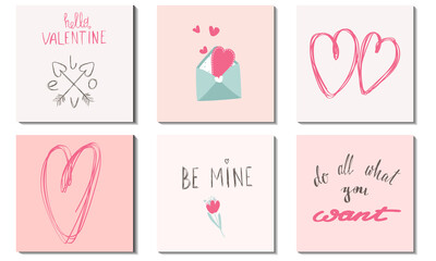 A set of postcards in pastel pink and beige colors with inscriptions for Valentine's Day