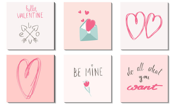 Fototapeta A set of postcards in pastel pink and beige colors with inscriptions for Valentine's Day