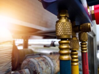 Close up the hose connector Refrigerant manometer pressure gauge.Air Conditioning system.