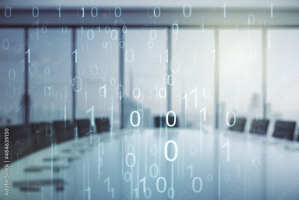 Poster abstract virtual binary code illustration on a modern conference room background. big data and codin