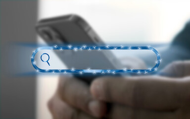 Modern illustrated search field of an internet search engine and a person holding their smartphone...