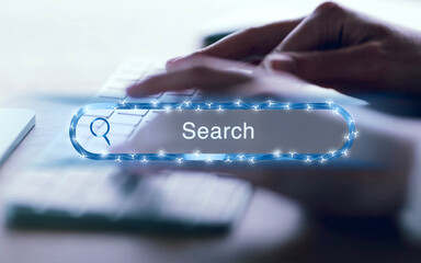 modernly illustrated search field and a person typing on a keyboard at the desk in the background, research, search engine, business, knowledge
