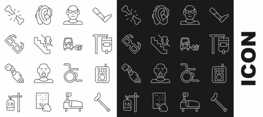 Set line Walking stick cane, Press the SOS button, IV bag, Poor eyesight, Disabled elevator, Eyeglasses, Human broken bone and car icon. Vector