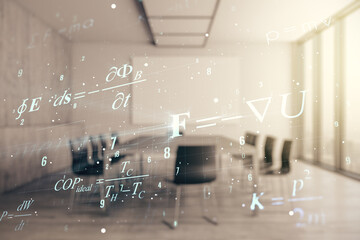 Abstract scientific formula hologram on a modern conference room background. Multiexposure