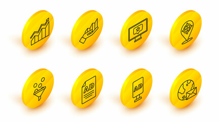 Set line Earth globe with mail, Advertising, Lead management, Target, Monitor star, Pie chart infographic and Financial growth increase icon. Vector