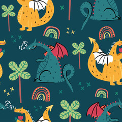 Seamless vector pattern with cute dinosaurs. Perfect for textiles and wrapping paper. © Evartfinds
