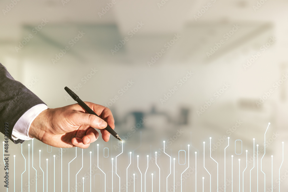 Poster male hand with pen draws abstract virtual micro circuit sketch on blurred office background, future 