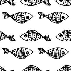 a fish-doodle pattern. seamless pattern of patterned lines and dots with a black outline on white for a design template. a simple children's textile drawing of a sea fish swimming in different horizon