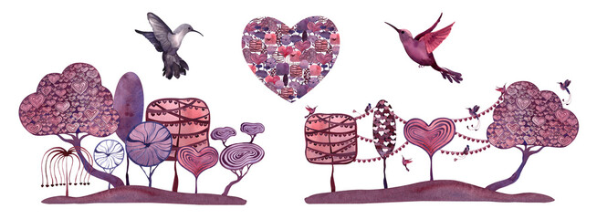 Set of watercolor compositions for Valentine's Day with pink and red trees, birds of paradise, hummingbird. Romantic illustration for design, print, fashion, fabric, wallpaper, web or background. © Mariya Tarasova