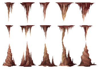 Stalactites and stalagmites collection vector illustration natural growths and mineral formations - obrazy, fototapety, plakaty