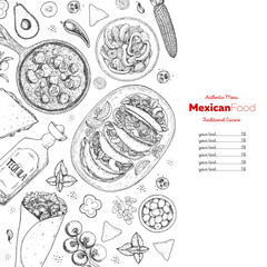 Mexican food top view frame. A set of classic mexican dishes with tacos, burrito, quesadillas, fajitas. Food menu design template. Vintage hand drawn sketch vector illustration. Mexican cuisine.