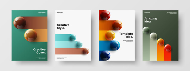 Premium realistic spheres company brochure illustration bundle. Multicolored banner vector design template set.