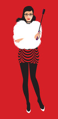 Fashion girl with red lips in fur coat. Beautiful woman vector illustration. Stylish original graphics art portrait.