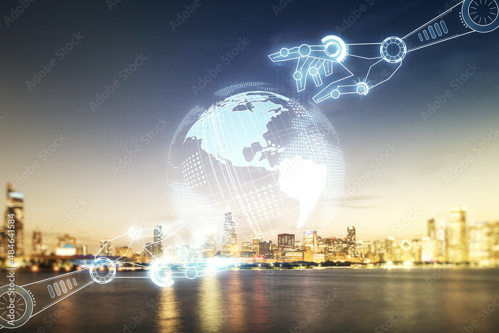 Aufkleber double exposure of abstract virtual robotics technology with world map hologram on chicago city skys