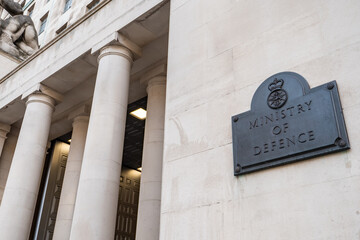 Ministry of Defence, London. Signage to the UK government military department known as the MOD in...
