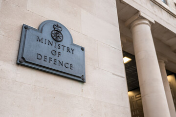 Ministry of Defence, London. Signage to the UK government military department known as the MOD in Whitehall, the heart of UK politics and governance.