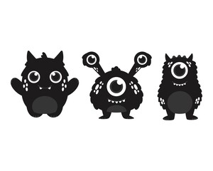 Cute vector monsters, silhouettes set. Vector illustration.