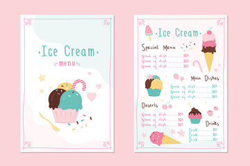 Colourful template for ice cream menu. Restaurant brochure with different types of gelato. Cafe menu with desserts and drinks