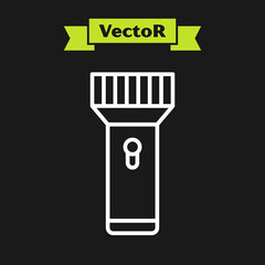 Obraz premium White line Flashlight for diver icon isolated on black background. Diving underwater equipment. Vector