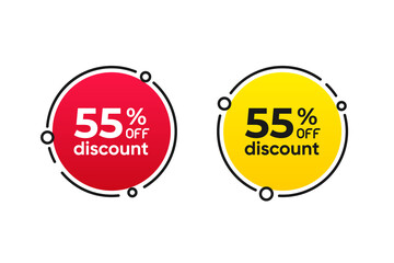 55 percentage circle discount tag icons collection. Set of red and yellow sale labels