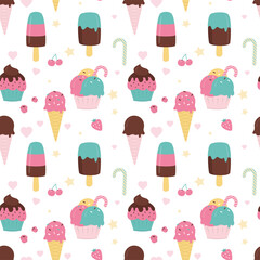 Seamless pattern with various types of ice cream. Cold dessert, textile decoration. Background template, colorful texture with sweet frozen dairy food.