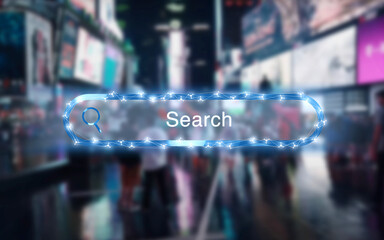 Modern illustrated search field of an online search engine with a busy city with many lights in the background, digitization, maps, research, internet